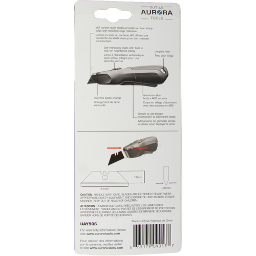 UAY906 Couteau de s&eacute;curit&eacute; r&eacute;tractable , Acier inoxydable, Robuste, Prise en Plastique/Aluminium